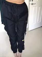 Pantalones Cargo informales para mujer, pantalón holgado de cintura alta, color negro, estilo coreano, con cinta, envío directo