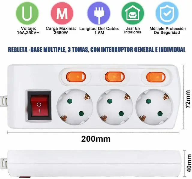 Regleta alargador Electrico de 1.5/3 metros con 2/3/4/5 enchufes e  interruptor negro - AliExpress