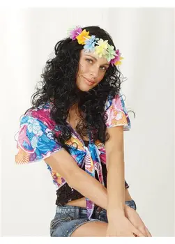 

Curly black wig with flowers