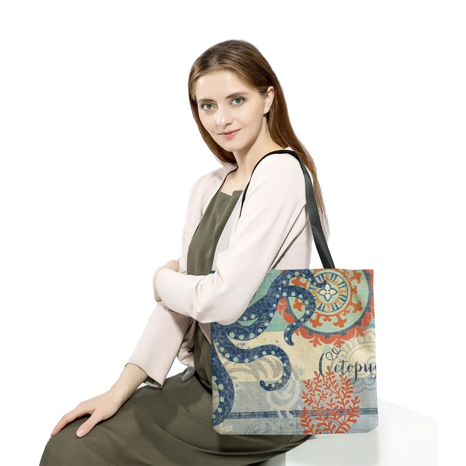 Casual Leisure Totes Bags Women Handbag Marine Animal Sea Turtle Horse Octopus Print Travel Shopping Shoulder Bag for Groceries