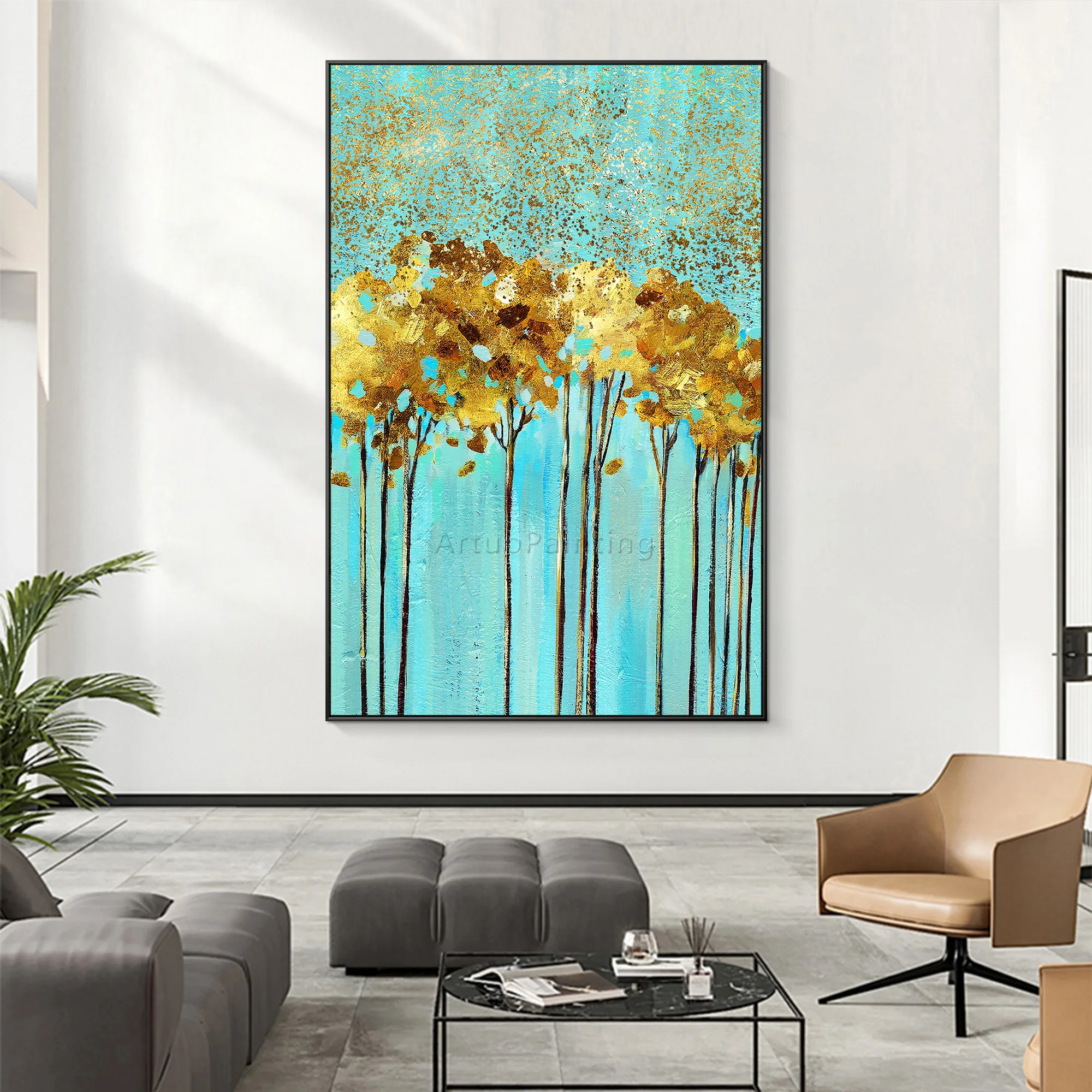 

Modern Abstract Golden Tree Blue Backgroud Painting Canvas Texture oil painting acrylic large wall art Poster picture home decor