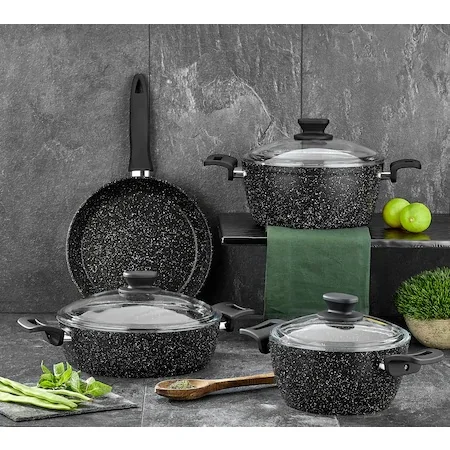 Gránitkészlet 7Db Edények Szett Gránit Sült Serpenyő Souce Edény Tej Üvegfedelekkel És 5 Különböző Színű - Image 5
