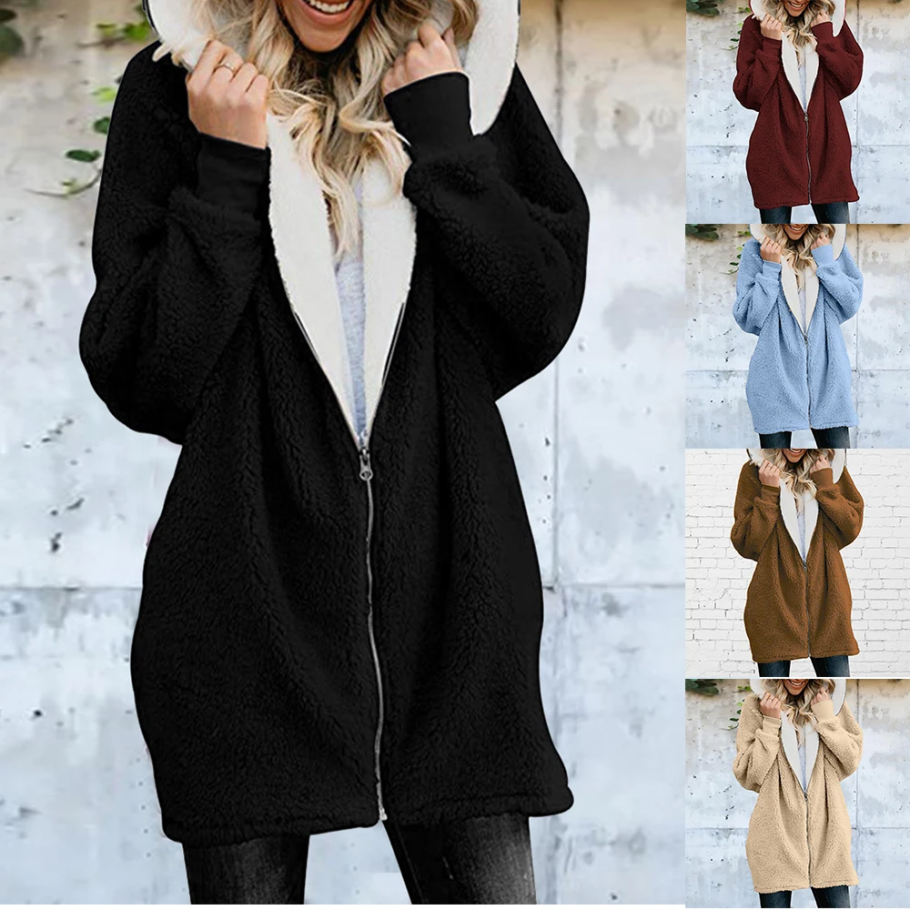 Greatest  Winter Lamb Zipper Hooded Sweatshirts 2019 Women Fashion Loose Warm Plush Coat Female Zipper Fleece