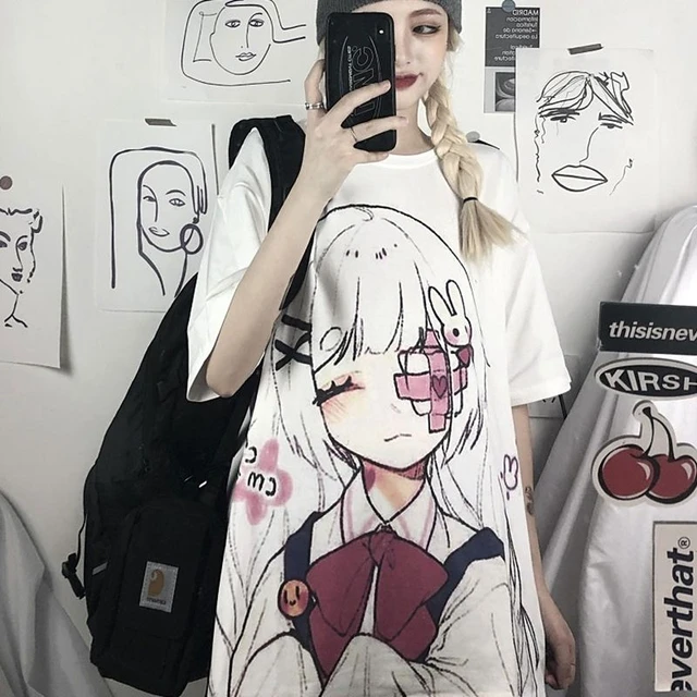 Anime Tshirt Eye Patch White Hair Cute Girl Kawaii Shy Girl - T-shirts -  AliExpress