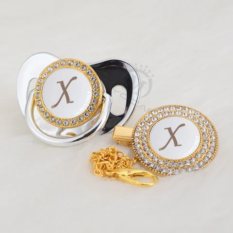 name Initial letter X special silver bling pacifier and pacifier clip BPA free dummy bling silicone nipple SGS pass LX-W