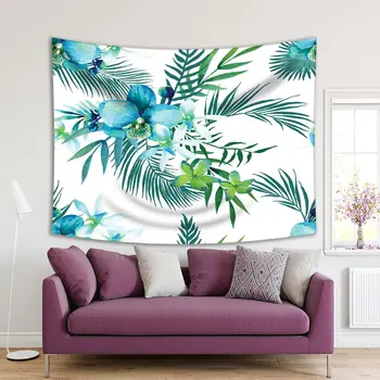

Tapestry Tropical Flowers and Palm Leaves Exotic Jungle Beach Summer Holidays Art Printed Blue Green