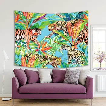 

Tapestry Tiger and Leopards in Exotic Jungle Big Leaf Plants Trees Wildlife Animals Nature Artwork Blue Green Brown