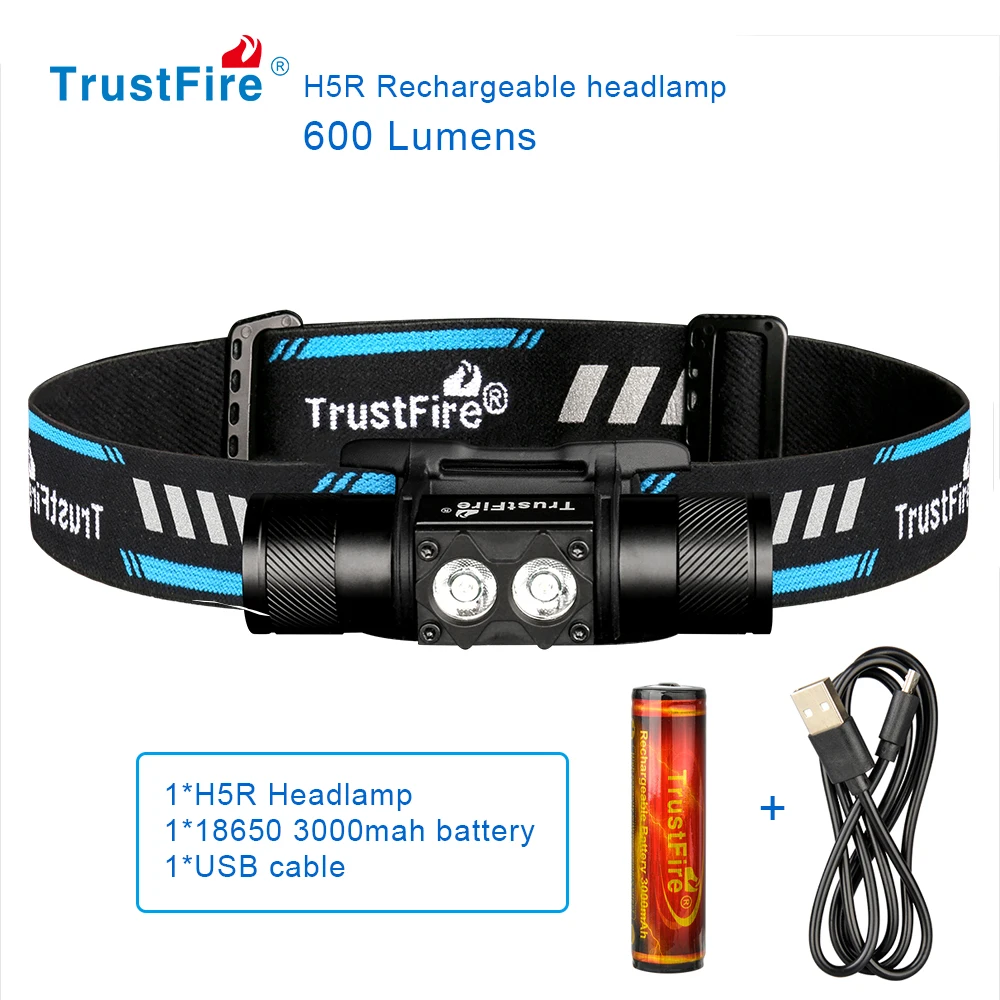 Trustfire H5R Led Headlamp 18650 battery USB Rechargeable Headlight 600lm Dual Head Flashlights Lantern For Fishing Hunting Camp