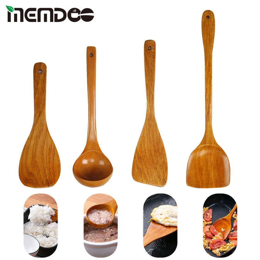 

MEMDOO 4pcs Wood Spatula Non-stick Fry Spatula Wood Spatula Rice Spoon Wood Soup Spoon Wooden Spoon Cooking Long Handle Spatula