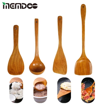 

MEMDOO 4pcs Wood Spatula Non-stick Fry Spatula Wood Spatula Rice Spoon Wood Soup Spoon Wooden Spoon Cooking Long Handle Spatula