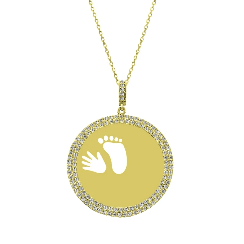 

Double Row Zircon Cubic Zirconia Hand & amp; Footprint Round Plate Necklace