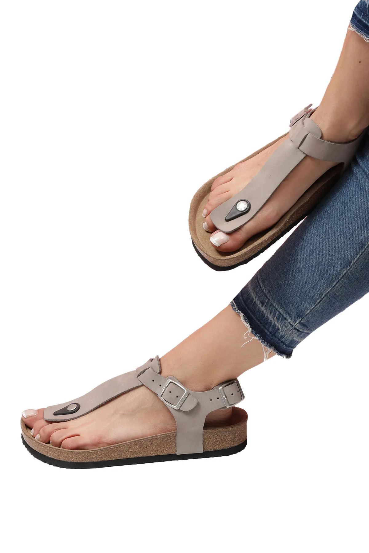 

STELLA Stone Thong Sandals Anatomical Natural Cork Sole Real Leather Women Ankle Strap Sandals