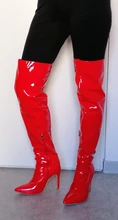 Botas altas hasta el muslo de cuero con espejo para mujer, botines sexys por encima de la rodilla con tacón alto para mujer, zapatos largos de fiesta fetiche en blanco y rojo