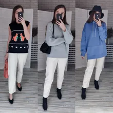 Pants Trousers Women Drawstring Female High-Waist WOTWOY Spliced Loose Autumn Straight