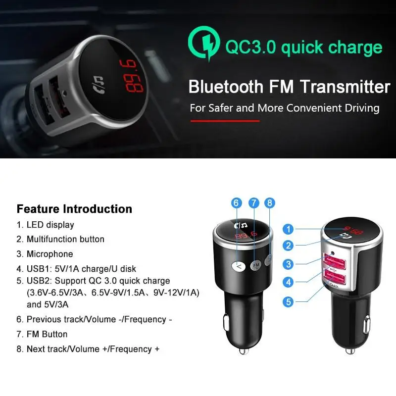 QC 3,0 Bluetooth FM передатчик модулятор Handsfree автомобильное зарядное устройство 3.1A двойной USB адаптер Автомобильный mp3 плеер беспроводной аудио приемник