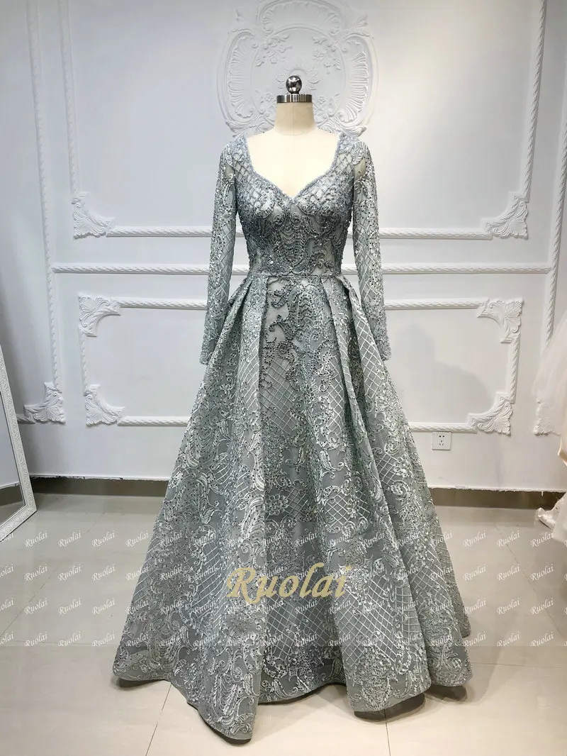 as picture Роскошные вечерние платья Длинные robe de soiree бисер с длинным рукавом Формальное платье для выпускного Дубай вечерние платья abiye gece elbisesi - Цвет: as picture