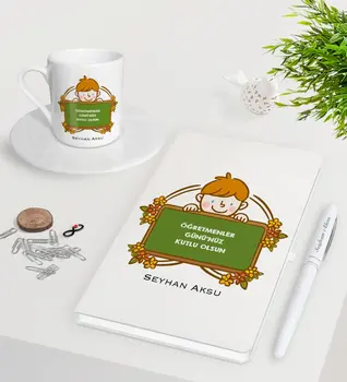 

Personalized Teachers Present-Day Happy White Notebook Pen Turkish coffee Cup Set-4