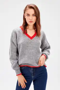 

Trendyol WOMEN-Gray Bias Tape Detailed Knitwear Sweater TWOAW20ZA0025