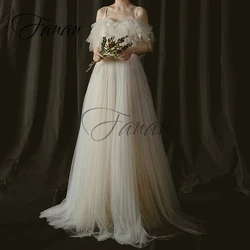 V-Neck A-Line Tulle Wedding Dresses Backless Spotted Spaghetti Straps Lace Modern Bridal Gown vestido de noiva robe de mariée