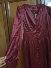 A-Line Dress V-Neck Spring Bishop-Sleeve Satin Simplee Chic Elegant Vintage High-Waist