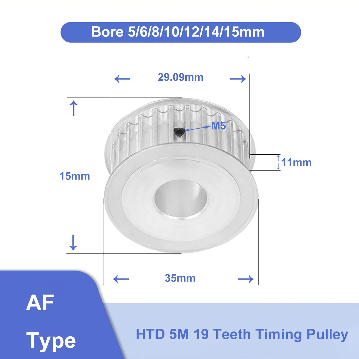 

HTD 5M 19 Teeth 11mm Width Timing Pulley Synchronus Wheel Bore 5/6/8/10/12/14/15mm Aluminium Idler Pulley for HTD5M Timing Belt