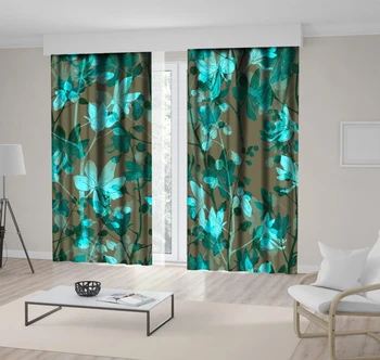 

Curtain Flowers Leaves Plant Branches of Foliage Summer Garden Night View Boho Chic Artwork Printed Blue Brown