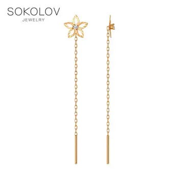 

Sokolov gold drop earrings with stones with diamond face with cubic zirconia, fashion jewelry, 585, women's male, long earrings
