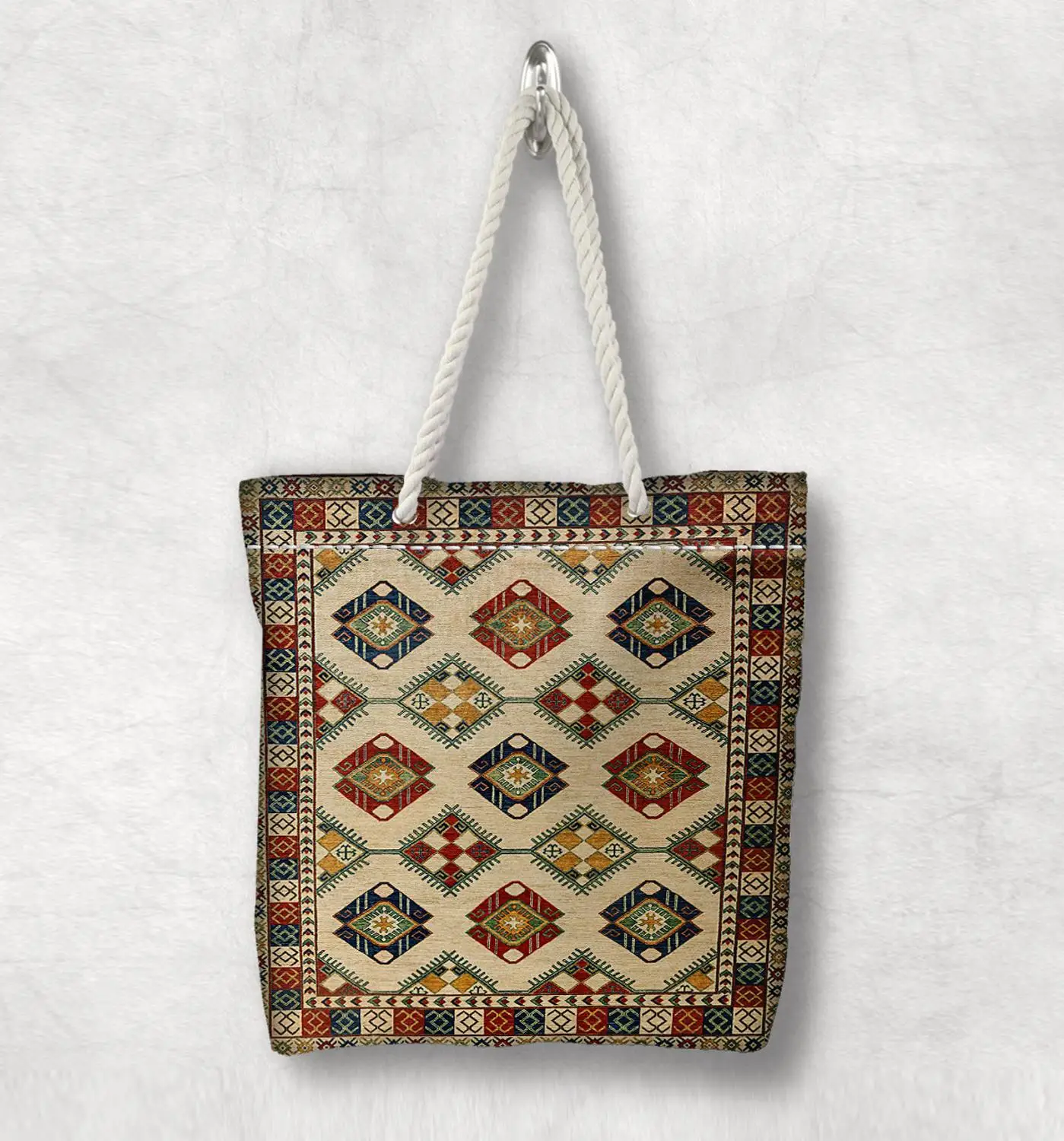 Бежевая оригинальная антикварная сумка Anatolia Kilim с ручками из белого веревки