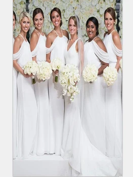

Latest Holy White Chiffon Mermaid Maid Of Honor Gowns Long Halter Neck Draped Detail Bridesmaid Dress Affordable