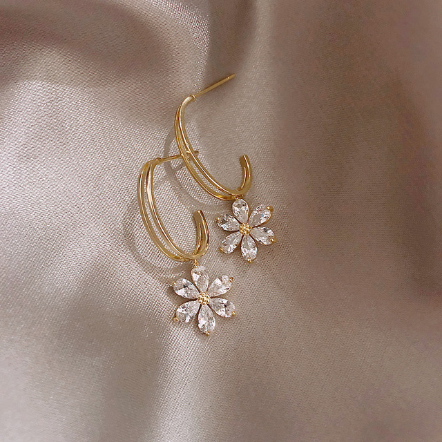 Korean Trendy Rhinestone Flowers Drop Earrings For Women Crystal Flower Moon Earring Elegant Female Temperament Jewelry