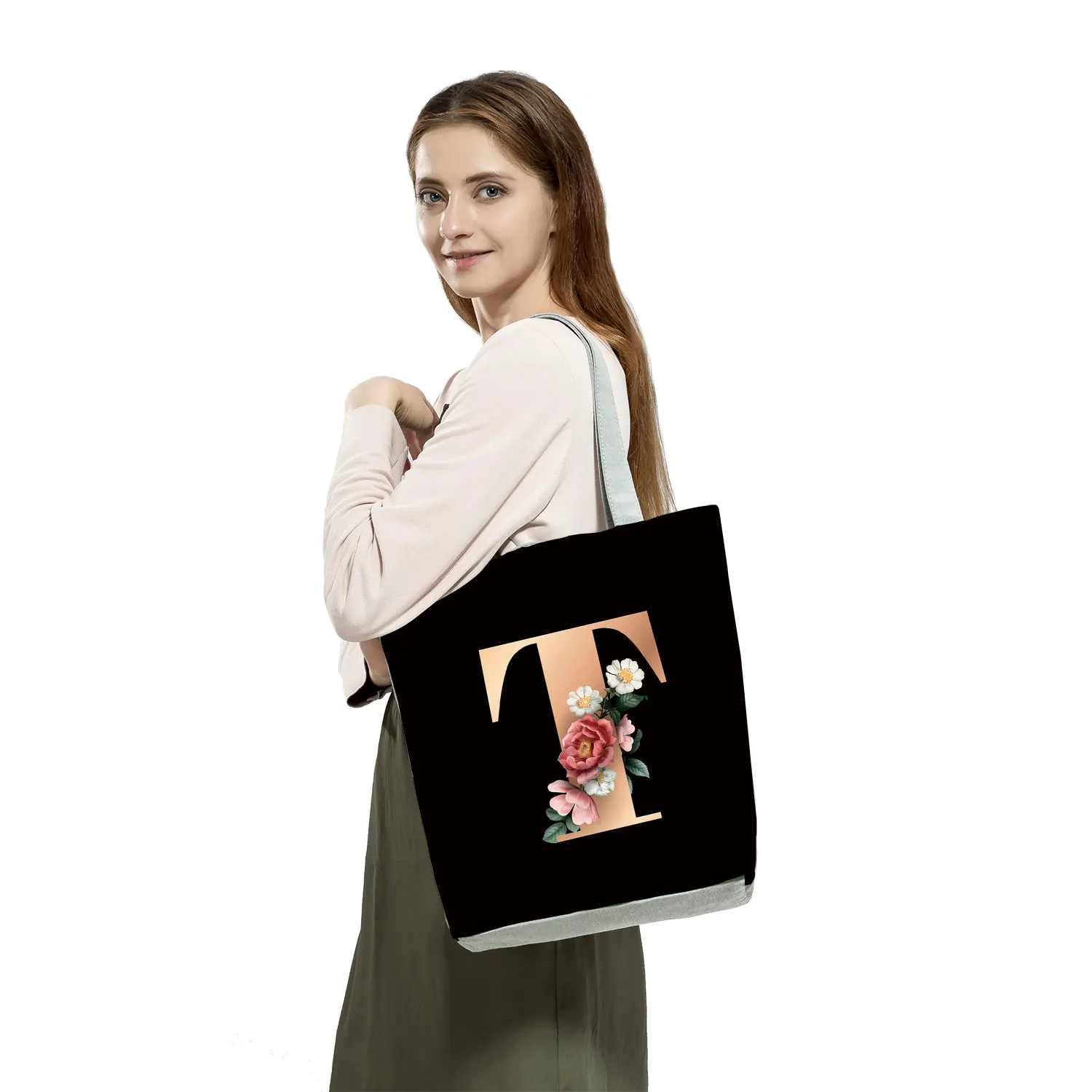 Gold Letter Floral Printing Black Shopping Bag Ladies All-match Handbag Foldable Shopper Harajuku Style Bag Eco Student Tote Bag