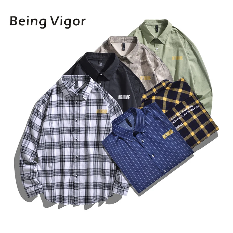 Baratos Camisa de algodón de manga larga para hombre camisa de vestir a rayas clásica HipHop Casual Streetwear otoño primavera camo plaid camisa de vestir para hombre
