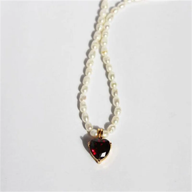 European And American Retro Wine Red Love Heart Pendant Freshwater Pearl Clavicle  Fashion Necklace for women Wedding Part Gifts