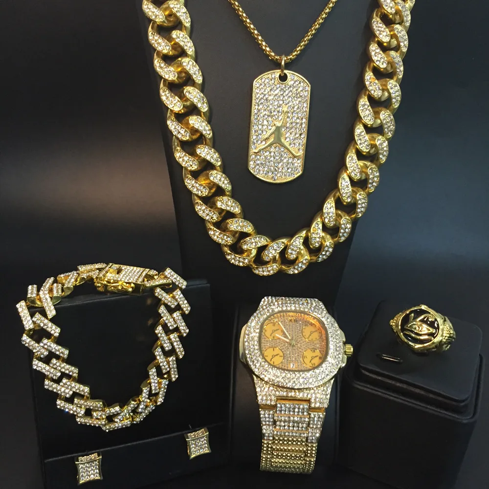 Роскошные мужские золотые часы, мужские ожерелье+ часы+ браслет+ кольцо+ серьги, Cimbo, набор ювелирных изделий в Кубинском стиле хип-хоп для мужчин