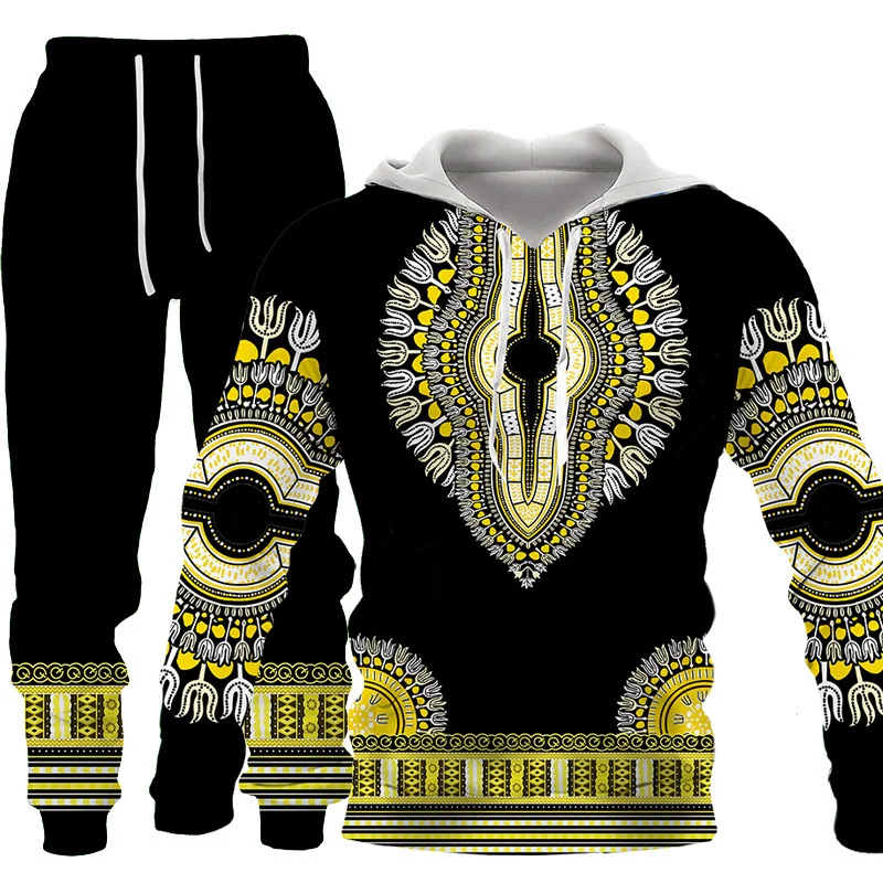 

African Print Sweatshirt Hoodie and Pant 2piece Set Men's Brand Fashion Tracksuit Long Sleeve Autumn Winter Men's Clothing Suit