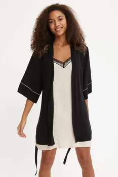 

DeFacto Woman Woven Tops Black Pajamas Robe for Women Spring Gown Coat Women Bath Robe Women Nightwear Sleepwear-N4921AZ20SP
