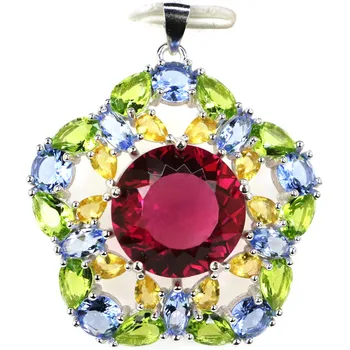 

38x33mm Real 925 Solid Sterling Silver 7.6g Big Heavy Multi Color Garnet Citrine Peridot Vioelt Tanzanite Pendant