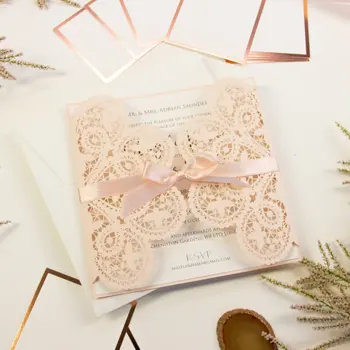 

50/100 Cards Pack Peach Laser Cut Wedding Invitations with floral printable template diy kit Covers Lace invitation set