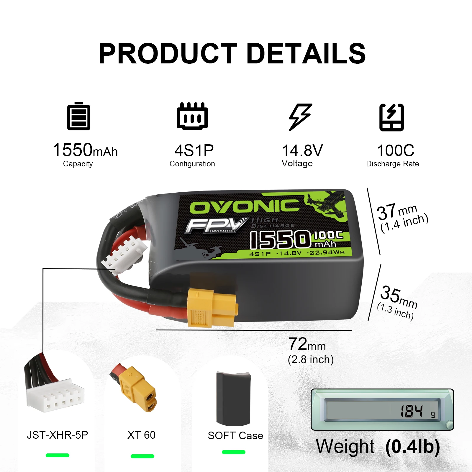 OVONIC 2 Pack 22.2V 1550mAh 6S 100C XT60 Connecteur lipo Batterie pour FPV Racing RC Quadcopter Helicopter Airplane Multi-Motor Hobby DIY