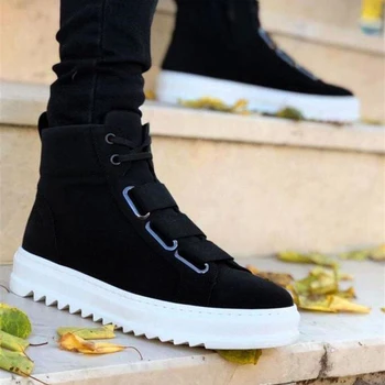 

BA0060 3 Bant Laced Up Zipper Nubuck Black White Base Men 'S Sports Boots