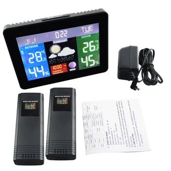 

2 Wireless Sensors Weather Station Barometer RH% Temperature Moon Phase 5 weather Forecast Color Display Radio Controlled Clock