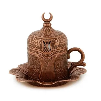 

6 X Copper Turkish Coffee Cup Set Tulip Design