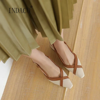 

Women Summer Sandals Slip on Square Toe Leather Sandals Women Thick High Heel 5cm