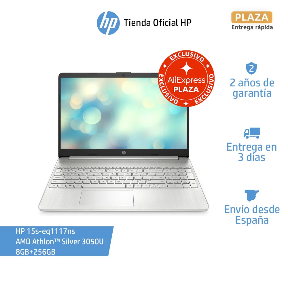 HP Ordenador Portátil 15s-eq1117ns (3Y6C5EA) AMD Athlon™ Silver, 8GB RAM, 256GB SSD, 15,6 HD, FreeDOS, Wi-Fi, Teclado con Ñ