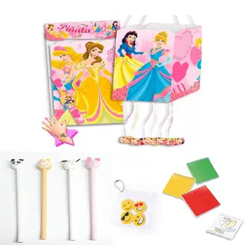 

Kit piñata puzzles child October birthday. Lot 1 piñata PRINCESS + 12 pencils Animals + 12 color + 12 books set gums emojis