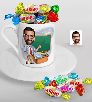 

Personalized Mr Teacher Caricature Of Turkish Coffee cup And Haribo Candy Gift Seti-1