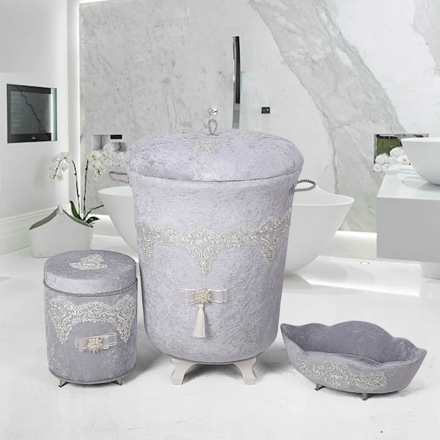 PROD 1005002561660277 Bonny Home Luxury Grey 3 Pieces Laundry Basket
Set Towel Holder Detergent Box Organizer Dirty Clothes Storage