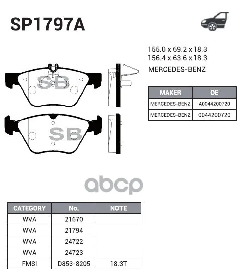 Колодки Тормозные Mercedes W210/211/208 200-320 Передние Sangsin Brake Sp1797a Sangsin brake арт. SP1797A