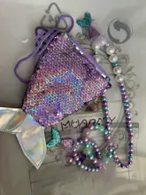 Conjunto de accesorios de joyería de sirena para niñas, monedero con lentejuelas, collar, pulsera, lazo, Clip para el pelo, pendientes de concha, regalo