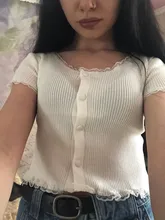 T-Shirt Women Tops Button-Crop-Top Short-Sleeve O-Neck Basic Blue Ruffles Casual Summer